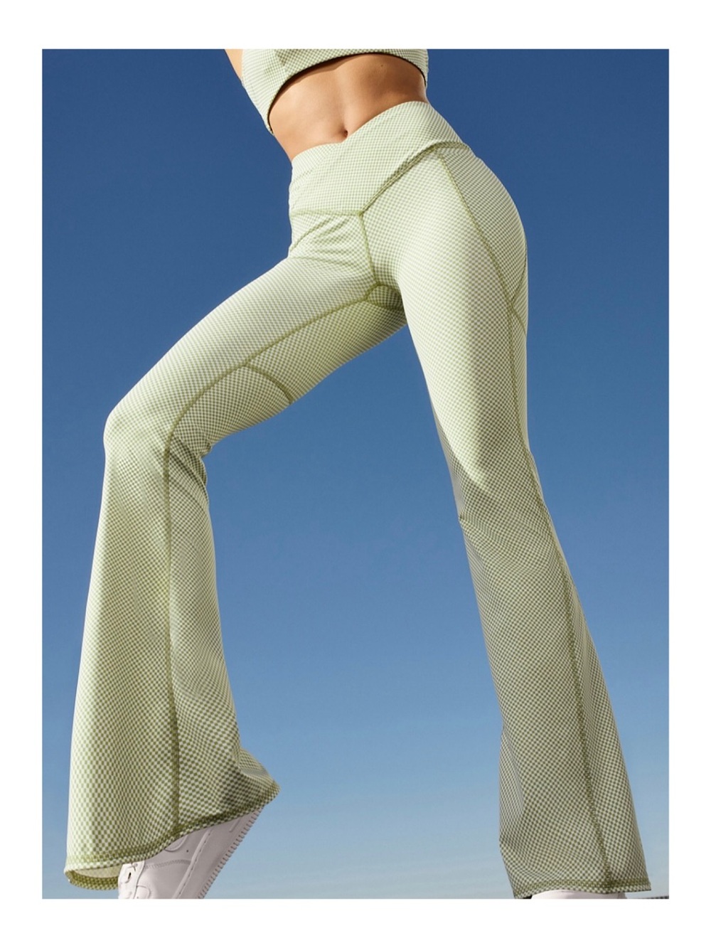 Fabletics High-Waisted Crossover Flare Leggings (Green Micro Check - Medium)